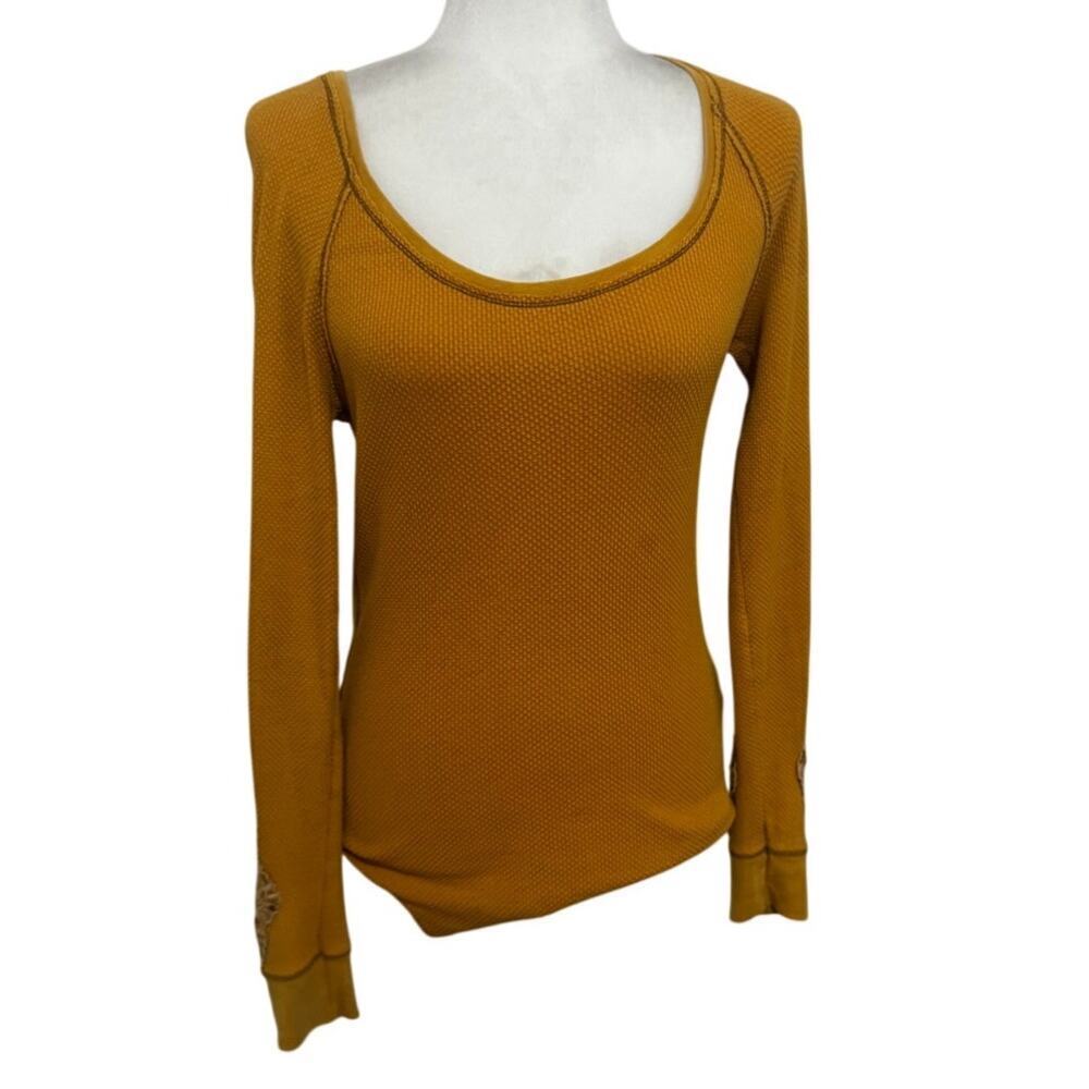 Free People We The Free Mustard Thermal Top Lace Elbow Patch Long Sleeve Small